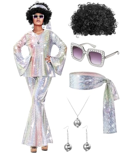 Jexine 70s Women Disco Outfit Costume Disco Party Top Pants Sunglasses Ball Necklace Earring Wig for Halloween New Year Eve