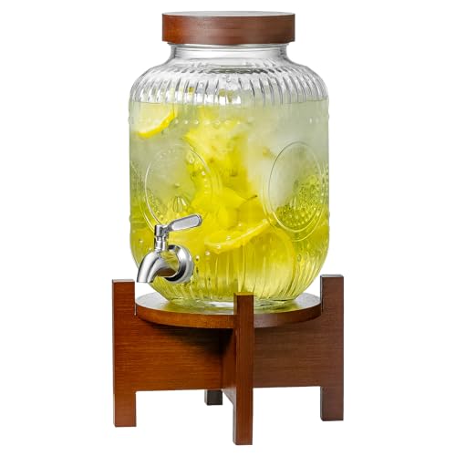 1 Gallon Glass Drink Dispenser with Acacia Wood Stand and Lid,Clear Embossed Beverage Dispenser with Stainless Steel Spigo...