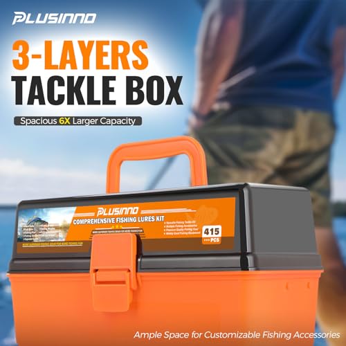PLUSINNO Large 3 Layers Fishing Tackle Box with Tackle Included, 415Pcs Fishing Lures Kit Contains Pliers, Crankbait, Hook...