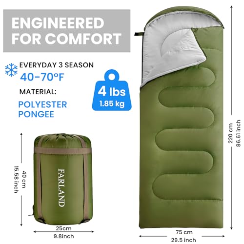 FARLAND Sleeping Bags 30℉ for Adults Teens Kids with Compression Sack Portable and Lightweight for 3-4 Season Camping, Hik...