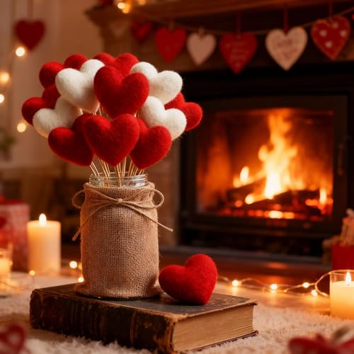 Youyole Rustic Valentines Day Table Decorations Set, Mason Jars Valentines Centerpiece Decor with 12 Pcs Red White Felt He...