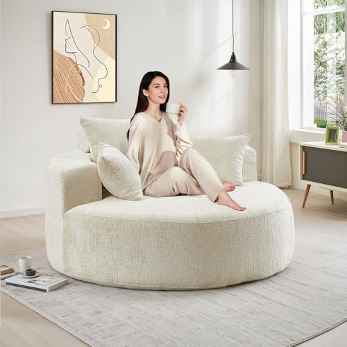 Oversized Round Chaise Longue Chair Indoor, Modern 55-inch Upholstered Chenille Deep Seat Circle Single Cloud Lounge Floor...