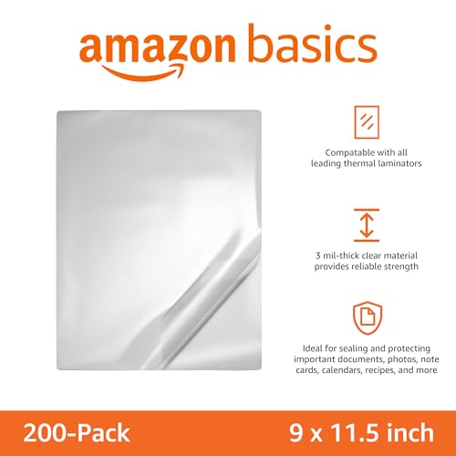 Amazon Basics Clear Thermal Laminating Plastic Paper Laminator Sheets, 9 x 11.5-Inch, 200-Pack, 2.8mil