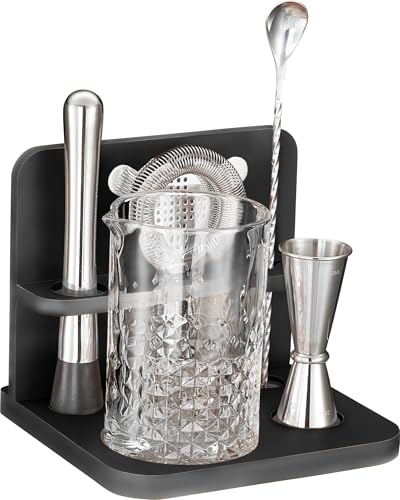 Crystal Cocktail Mixing Glass Set with Bamboo Stand - 22 Oz 650ml - Thick and Sturdy Bottom, Durable and Seamless Design w...