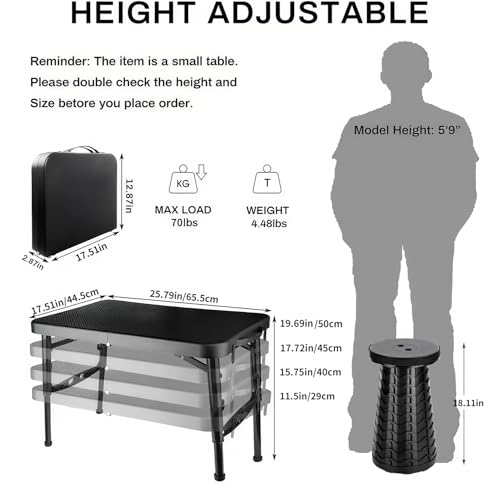 KPR Retractable Small Folding Table and Stool Set, Portable Camping Foldable Table Lightweight Yet More Sturdy with Adjust...