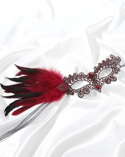 Zinniday Halloween Feather Masquerade Masks - 1920s 50s Antique Lace Venetian Mask for Women Renaissance Cosplay Party