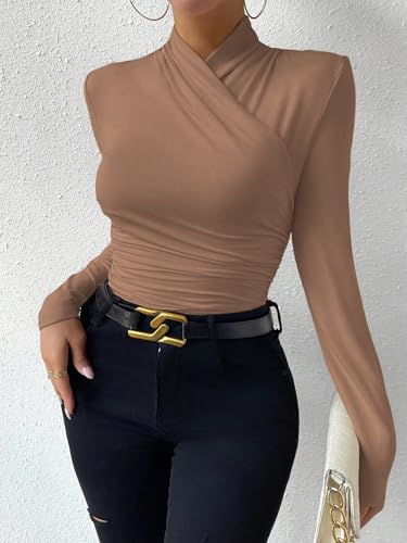 SweatyRocks Women's Ruched Mock Neck Long Sleeve T Shirt Solid Slim Fitted Tee Tops