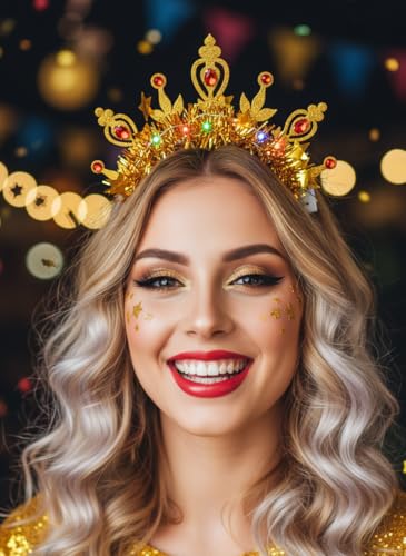 Campsis Light Up Glow Crown Headband Sparkly Gold Headpiece Halloween Costume Headwear Rave Hair Accessories for Women