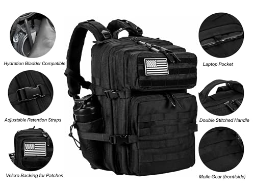 LHI Military Tactical Backpack for Men and Women 45L Army 3 Days Assault Pack Bag Large Rucksack with Molle System - Black