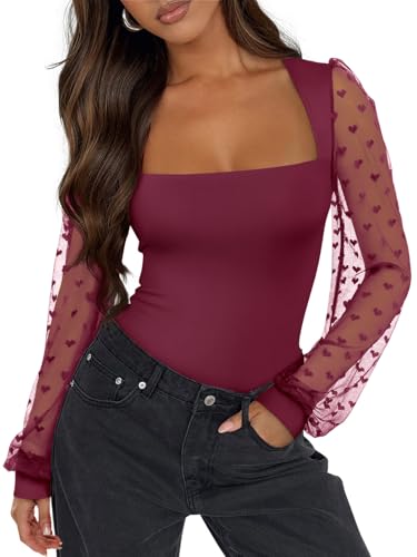 PINKMSTYLE Women's Square Neck Double Lined Mesh Long Sleeve Bodysuits Slim fit Trendy Going Out Tops Shirts
