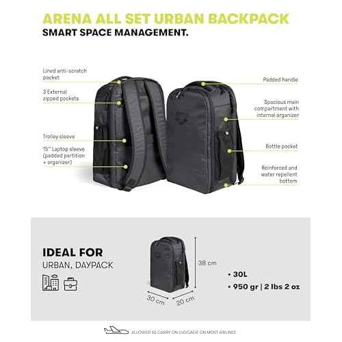 ARENA All Set Urban Backpack Work Leisure Gym Rucksack Multisport Daypack Medium Size Training Gear Equipment Bag for Teens Men Women, 30 Liters, Black