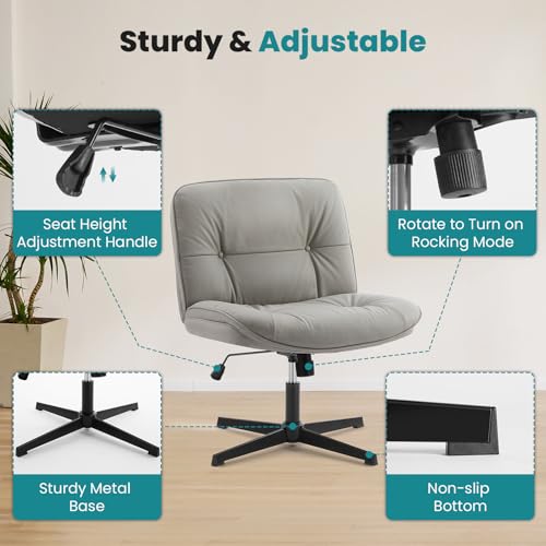 OLIXIS Criss Cross Chair Without Wheels, Cross Legged Office Chair, Armless Wide Vanity Desk Chair with Comfy PU Leather& ...
