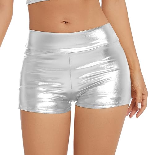Gatielzana Women's Metallic Rave Booty Shorts Shiny High Waisted Bottoms for Dance Festival