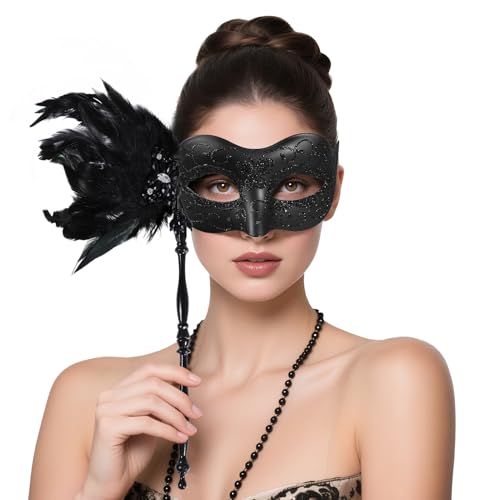 BEARAE Masquerade Mask for Women with Stick, Feather Venetian Masks, Costume Mask for Mardi Gras Gatsby Party Decoration