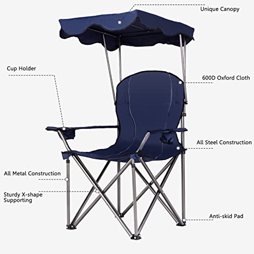 GYMAX Camping Chair, Folding Outdoor Lawn Chair with Canopy, Carry Bag & Cup Holder, Portable Heavy Duty Camp Chair for Ou...