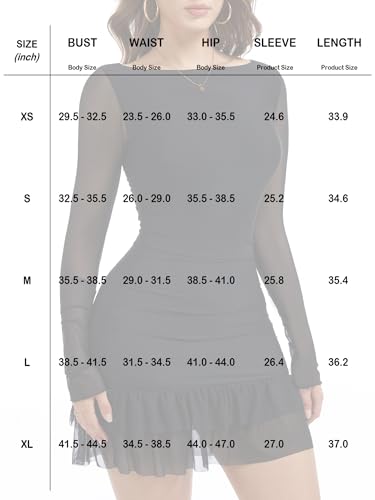 OZICERD Women Boat Neck Bodycon Mini Dresses Long Sleeve Going Out Dress Ruffle Mesh Short Elegant Club Cocktail Party Dress