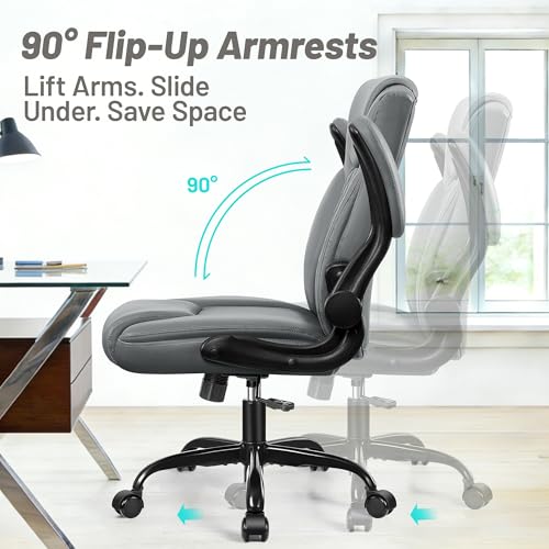 HeroSet Leather Office Chair, Ergonomic Home Office Desk Chair with Adjustable Flip-Up Arms and Lumber Support, Computer C...