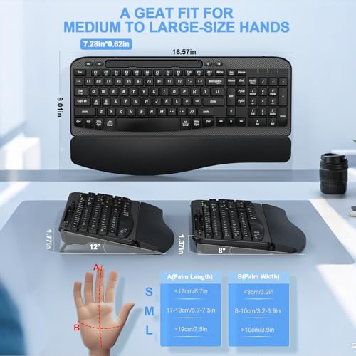 Ergonomic Wireless Keyboard with Cushioned Wrist Rest, Wave Keys, Phone Holder, Comfortable Natural Typing, 2.4GHz Full Si...