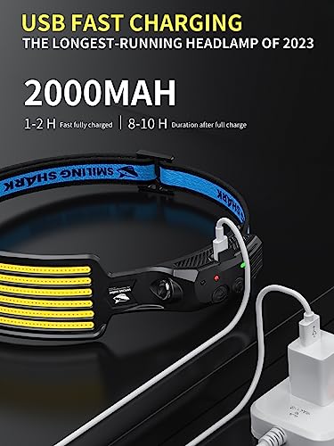 Smiling Shark Rechargeable Headlamp, 230°Wide Angle 6*White Light The Brightest LED Head Lamp with Motion Sensor Waterproo...