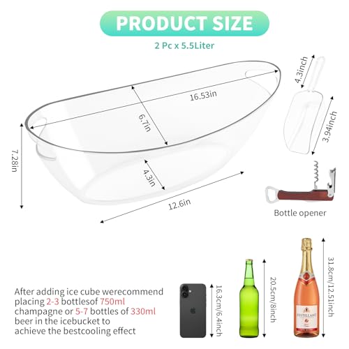 Ice Buckets for Parties, 2 Pack 5.5L Clear Acrylic Champagne Beverage Buckets Tub with Scoops & Wine Bottle Opener, Large ...