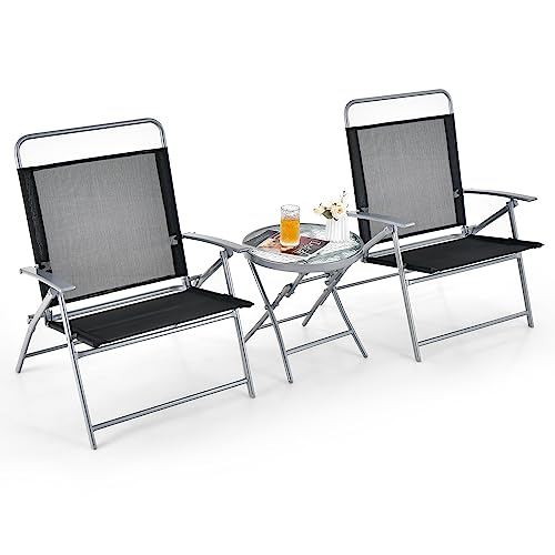 Tangkula 3 Piece Patio Folding Chair Set, Outdoor Metal Conversation Set w/Coffee Table, Extra-Large Seat, Stable Metal Fr...
