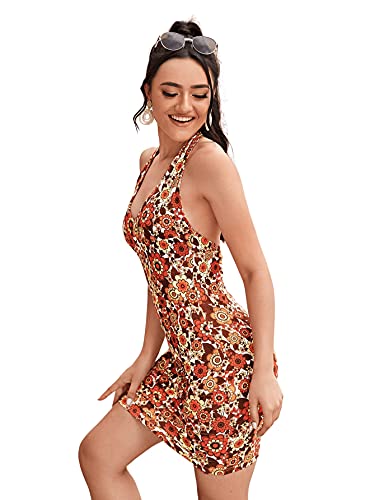 Floerns Women's Sleeveless Halter Backless Tie Back Floral Bodycon Mini Dress