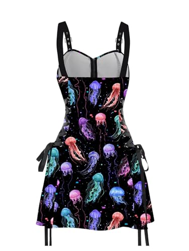 DRESSFO Women’s Gothic Buckle Strap Mini Dress – Lace Up Zipper Dress in Multiple Prints