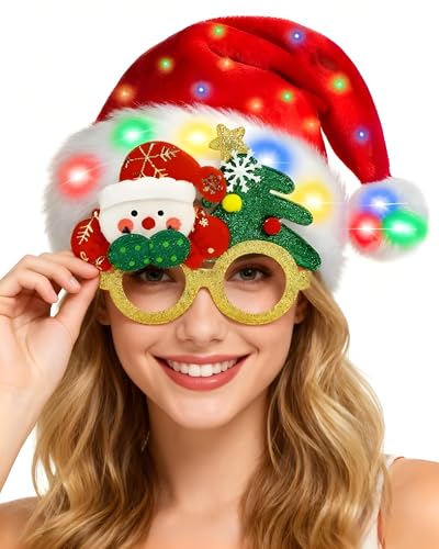Hiwtonk LED Light Up Christmas Santa Hat with Christmas Glasses Set for Adult Xmas New Year Festive Holiday Party Headwear