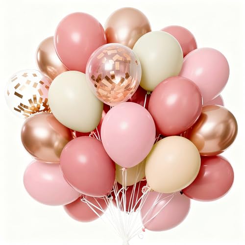 PartyWoo Dusty Pink Balloons 65pcs 12 Inch Blush Rose Pink Metallic Rose Gold Nude Boho White Sand Confetti Balloons for B...