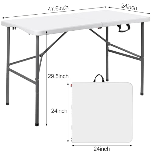 WGCTEK 4 ft Plastic Folding Table with Carrying Handle, Straight Legs for Camping, Wedding, Kitchen, Beach - White