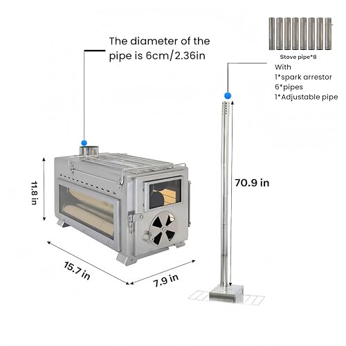 Dandelion shell Portable Camping Wood Stove with View Glass and Cooking Function, 8 Stainless Steel Chimneys for Shelter, ...