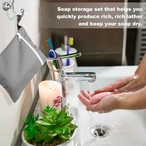 8 Pcs Travel Soap Bar Bag Set, 4 Waterproof & Leakproof Soap Dish Case 4 Foaming Nets Multifunctional Toiletry Shower Gym Essentials Quick Dry Pouch for Camping Enthusiasts(Gray)
