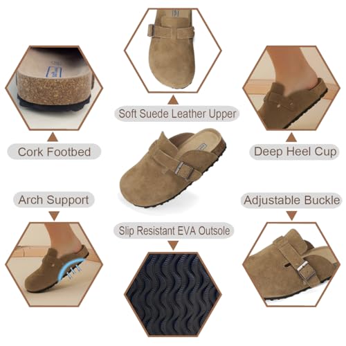 Hebelee Kids Suede Clogs Toddler Clogs for Girls Boys Cork Footbed Mules Adjustable Buckle Sandals for Indoor Outdoor