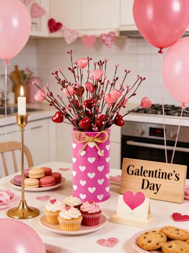Aovaely Valentine & Galentine's Day Table Centerpiece Decor, Artificial Heart Flower Stems with Metal Pots, Valentines Gal...