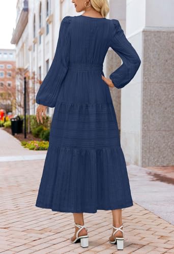MEROKEETY Winter Midi Dresses for Women 2026 Spring Long Sleeve Casual V Neck Tiered Cotton Maxi Dress Pockets