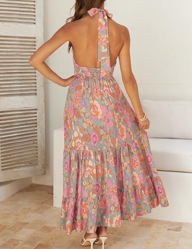 ZESICA Women's 2026 Summer Crossover Halter Neck Sleeveless Plaid Cut Out Backless Flowy A Line Maxi Dress