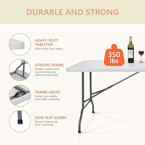 ZenStyle 6 ft Indoor Outdoor Heavy Duty Plastic Folding Table Portable Picnic Table Fold-in-Half Utility Table w/Handle an...