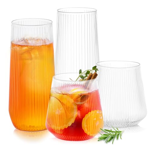 mwellewm 48 Pcs Plastic Wine Glasses Disposable Ribbed Cocktail Cups Set 9 OZ Stemless Champagne Flutes 12 OZ Origami Shat...