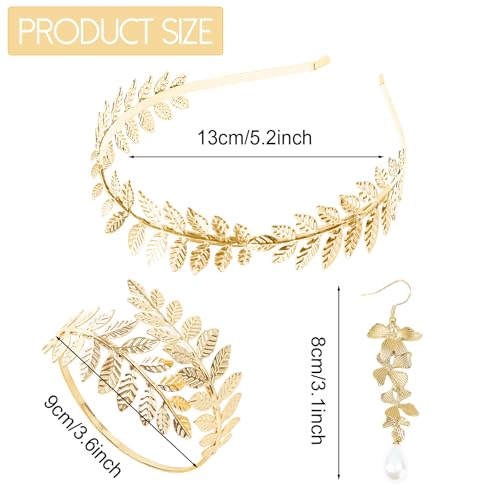 5 Pieces Greek Goddess Costume Accessories Set, 1 Piece Golden Leaf Crown Headband, 2 Pieces Coil Upper Armband Bracelet, ...