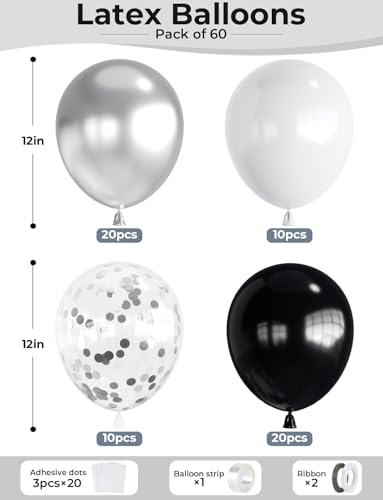Black and Silver Balloons, 60 Pcs 12 In Metallic Silver, Black, White & Confetti Balloons for New Year’s Eve, Countdown Pa...