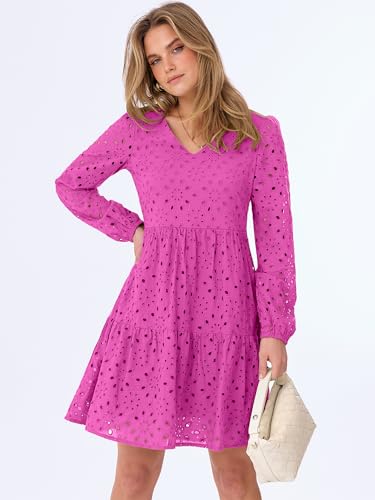 ANRABESS Long Sleeve V Neck Dresses for Women Eyelet Hollow Out Business Casual Tiered 2026 Fall Mini Dress with Pockets