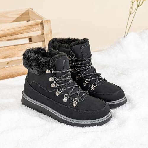 XRH Women’s Winter Warm Boots Black Snow Combat Boots With Zipper,Comfortable Fur Lined Women Ankle Boots Non Slip Hiking ...