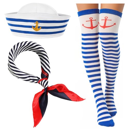 BOARDFEB 3 Pcs Yacht Sailor Costume Set, Sailor Cap Scarf Stockings Yacht Captain Hat Boat Costume for Women Captains Dres...