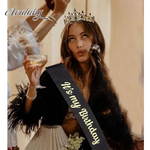 Crown and Glitter Sash for Adult Women - Princess Tiara, Hat, Headband for Birthday Parties - Black Decorations
