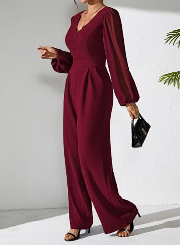 Pink Queen Jumpsuits for Women Dressy Patchwork Chiffon Sleeve V Neck Wide Leg Romper Holiday Party Outfits