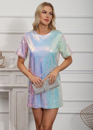 Ophestin Women's Sparkly Sequin T Shirt Dress Short Sleeve Crewneck Tie Backless Glitter Party Club Dresses