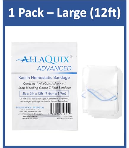 AllaQuix Advanced Kaolin Hemostatic Gauze – Z-Fold Sterile Clotting Bandage (3" x 12 ft, 1-Pack) | Stops Bleeding Fast for...