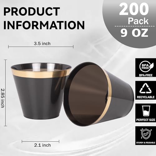 supernal 200 Pcs Gold and Black Plastic Cups-9oz Heavy Duty Plastic Cups,Gold Rimmed Disposable Cups,Disposable Wine Glass...