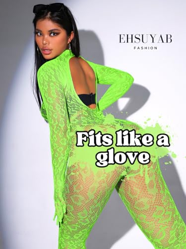 EHSUYAB Sexy Lace Leopard Jumpsuit For Women, Fishnet Bodysuit Glow Party Club, Poster One Piece Mesh Full Body Rave Outfits
