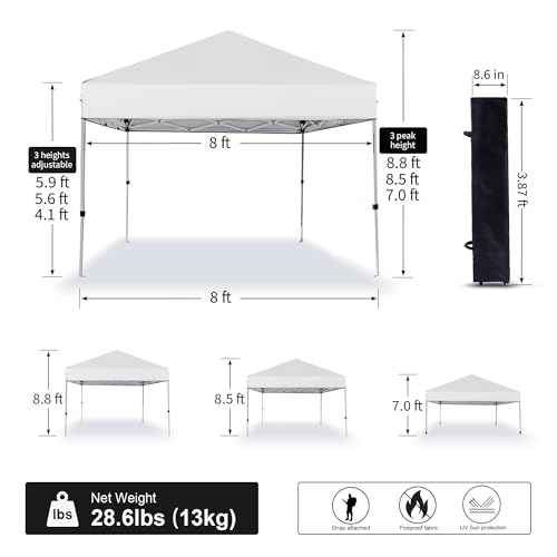 LANMOUNTAIN Pop Up Canopy Tent 8X8 FT,Easy Set-up Sade,Instant Shelter w/Canopy Cover,4 Ropes,Adjustable Straight Leg Heig...